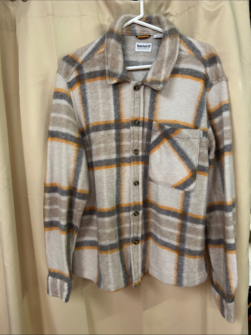 Timberland Beige Plaid Shirt Jacket with Gray & Mustard Stripes